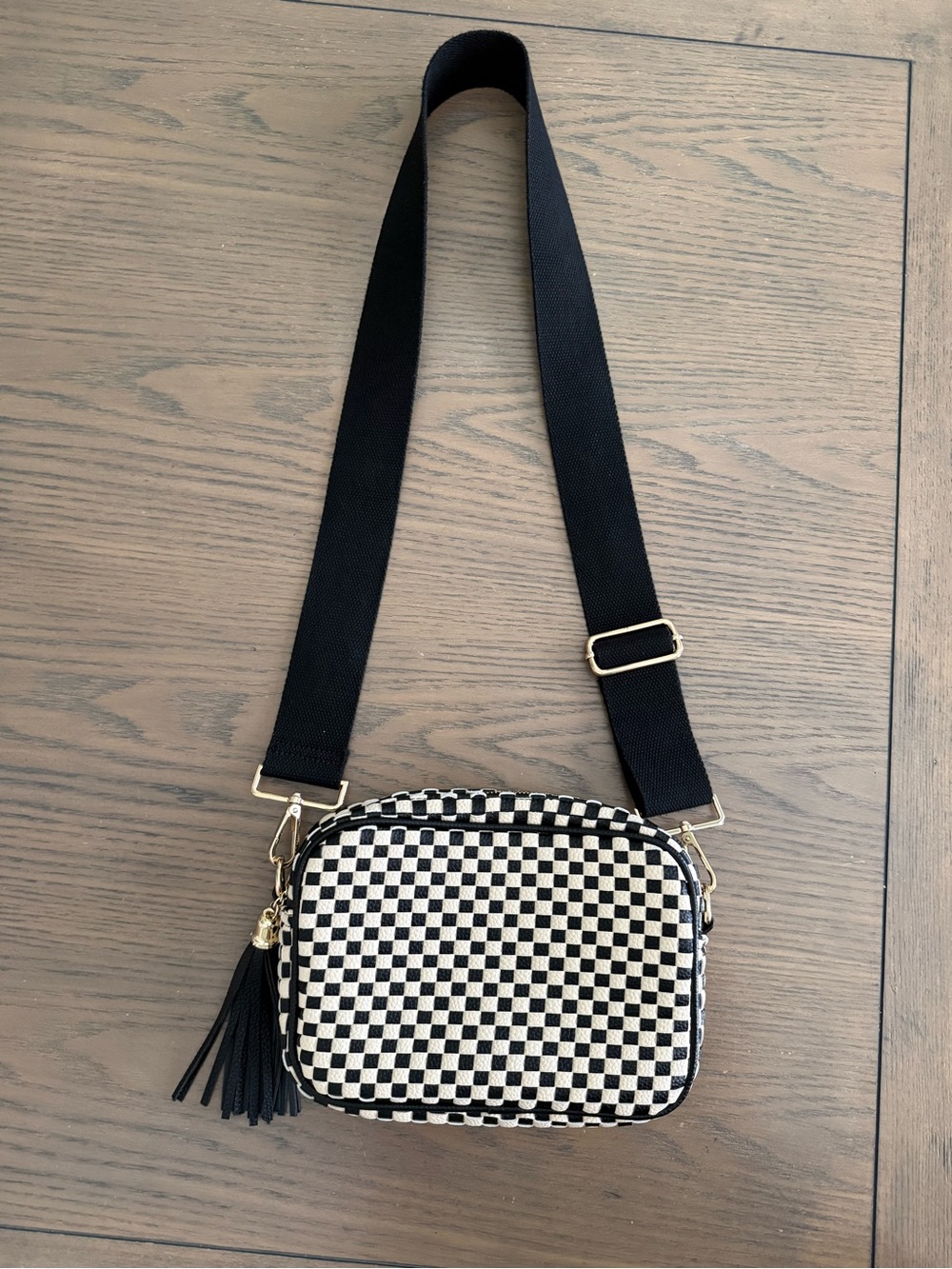 Black and Cream Checkered Crossbody Camera Bag with Tassel